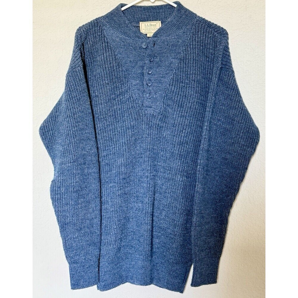 VTG LL Bean Men's Sweater M Tall Blue Wool Blend Henley Knit Made USA grandpa